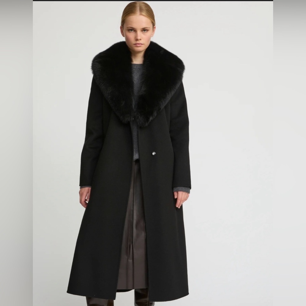 Preston & York Black Sz 12 Wool Overcoat Faux Fur Trim Full Length Heavy City
